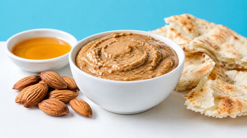 Lysebrun mandelpasta i en lille keramikskål ved siden af hele mandler, honning og stykker af fladbrød