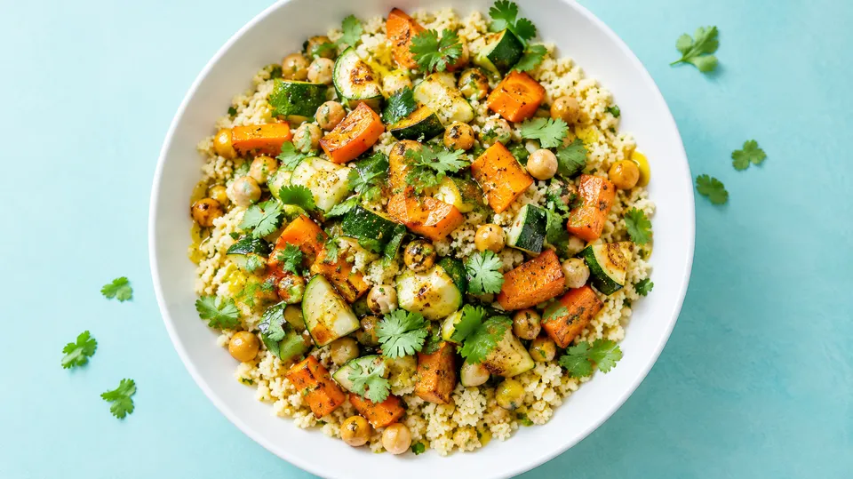 Couscous med gulerod, squash, kikærter og frisk koriander i en hvid keramikskål med et skvæt olie over