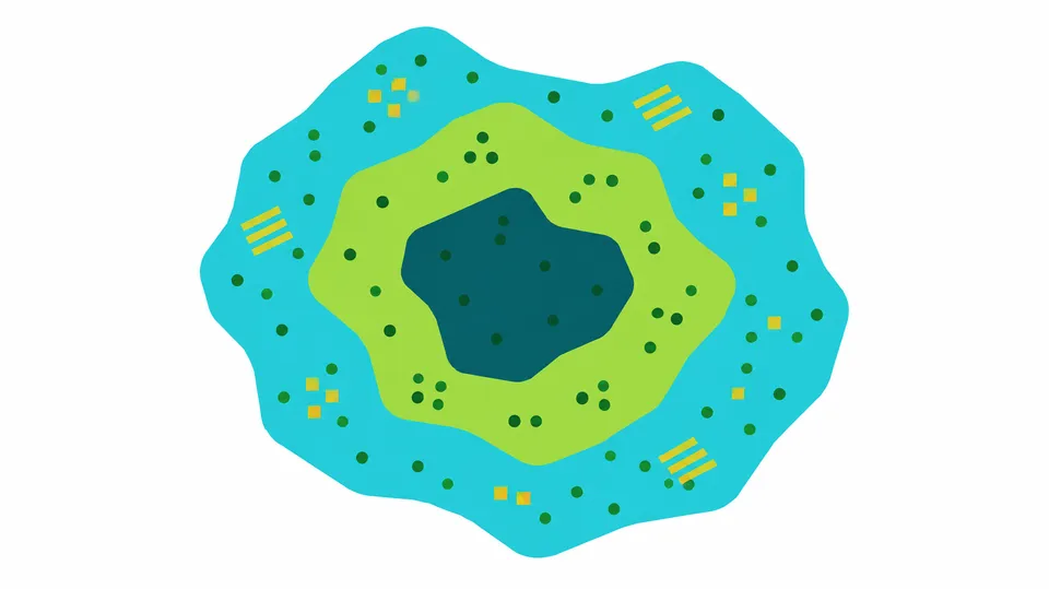 Geometrisk illustration af et biosfærereservat set ovenfra: en kernezone omgivet af en bufferzone og en bred overgangszone med træer og små landsbyer